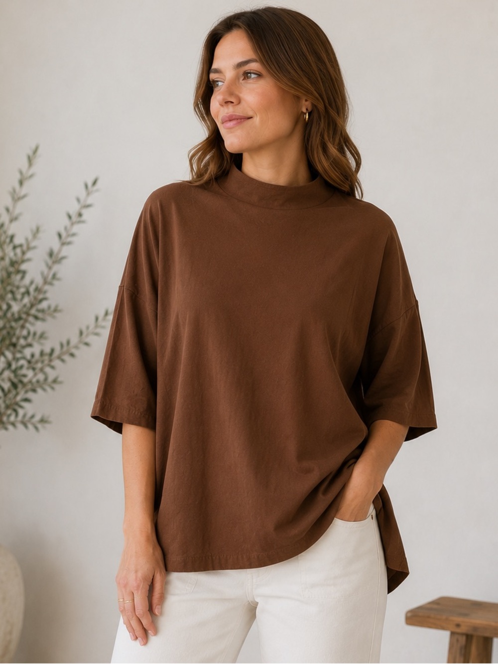 bryn Walker Brown Mock Neck Bamboo / Organic Cotton Lagenlook Top size small